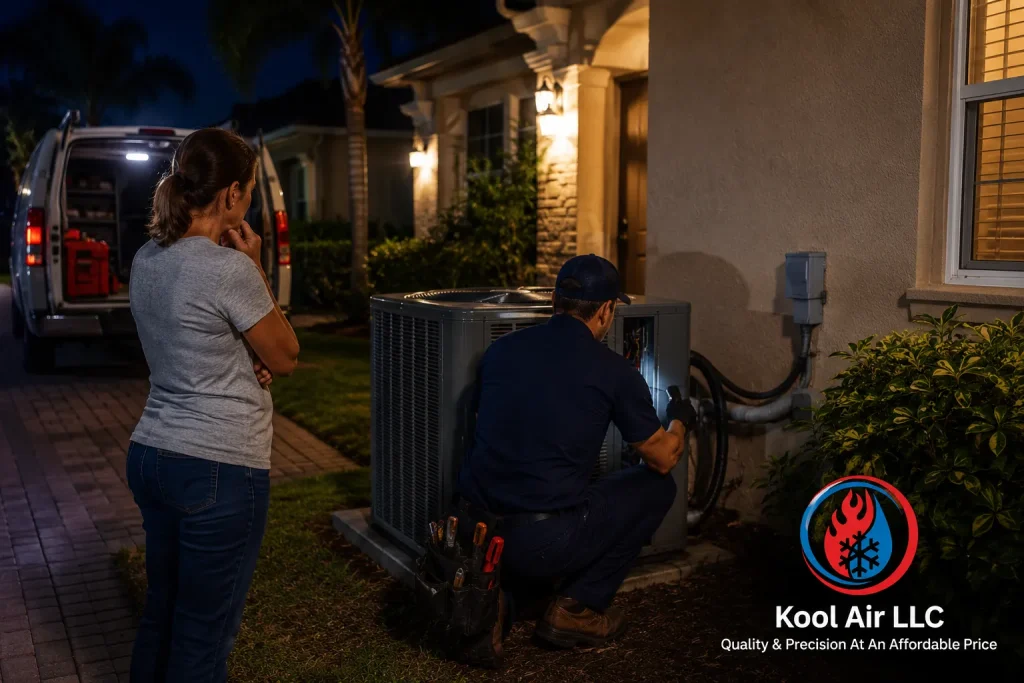 Kool Air LLC technician providing 24 hour emergency air conditioning repair service in Palm Coast FL