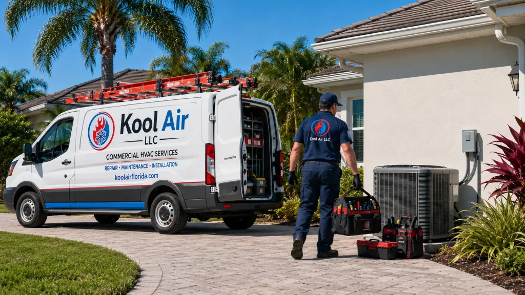 Kool Air LLC technician preparing for AC installation at a Palm Coast FL home