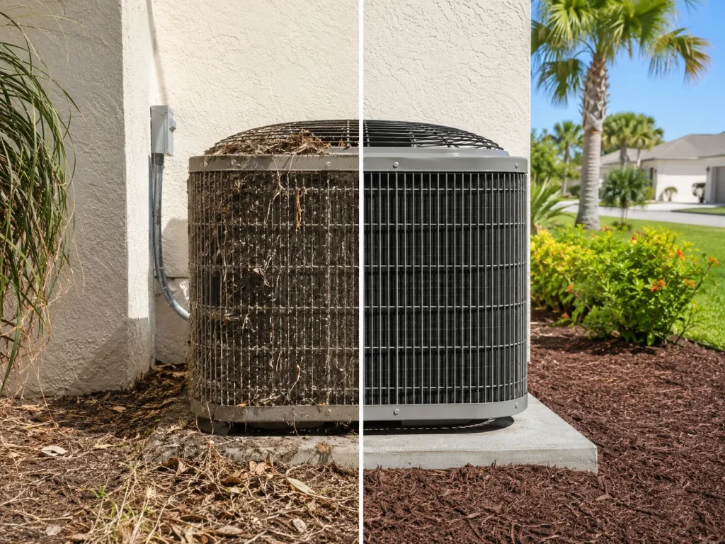 Before and after AC condenser maintenance at a Palm Coast home