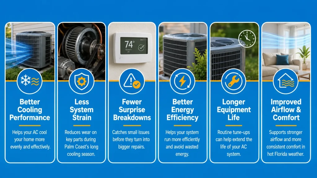 AC maintenance benefits infographic for Palm Coast homeowners from Kool Air