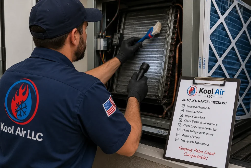 Kool Air technician performing AC maintenance service in Palm Coast FL