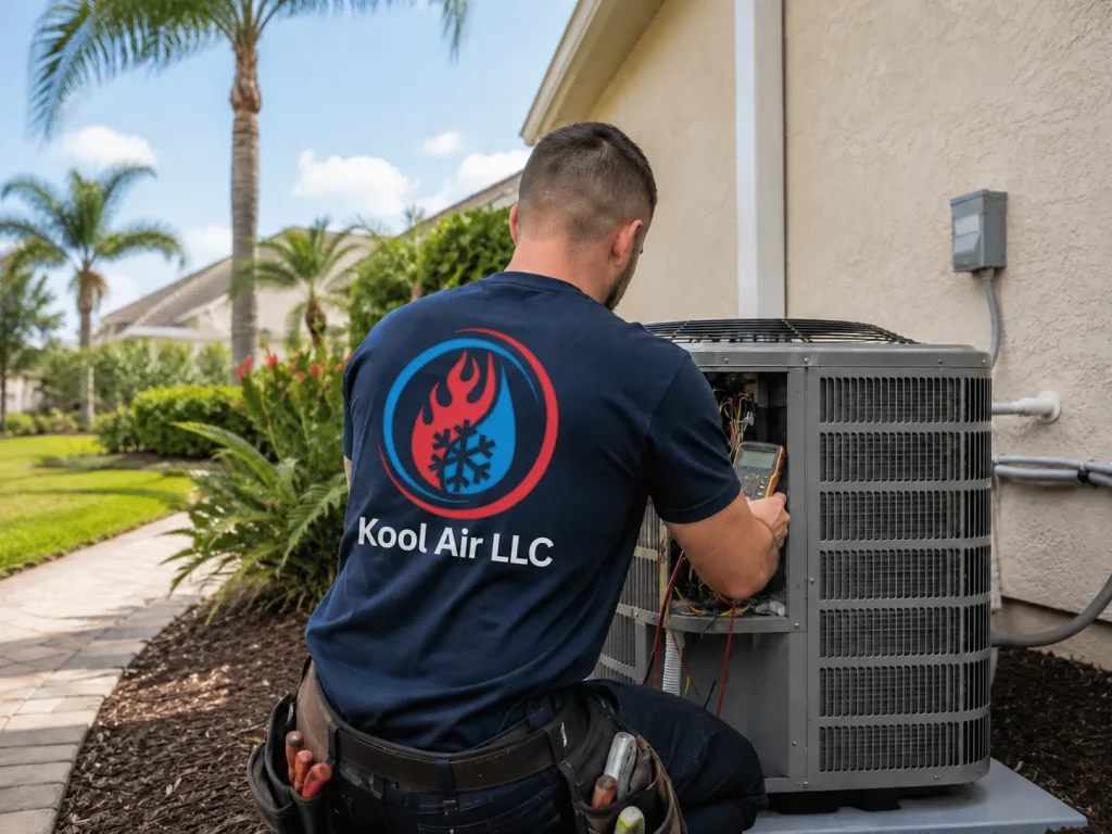 Kool Air technician performing AC maintenance on an outdoor condenser in Palm Coast FL