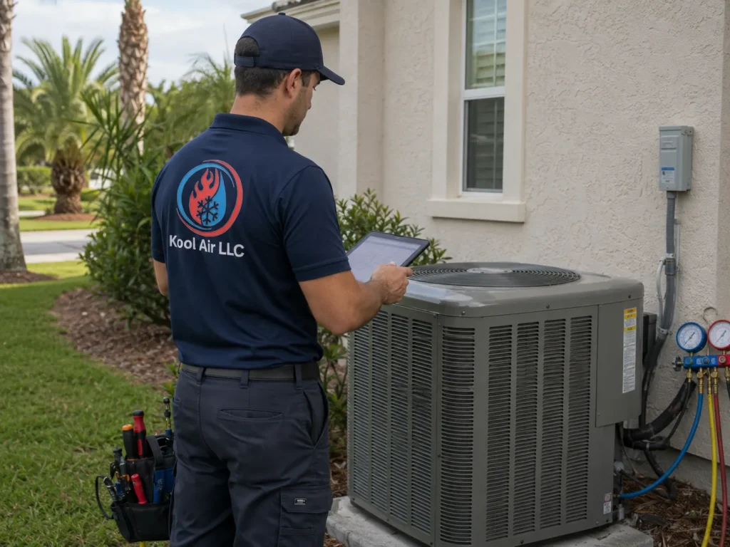 AC repair technician inspecting system during service visit in Palm Coast FL