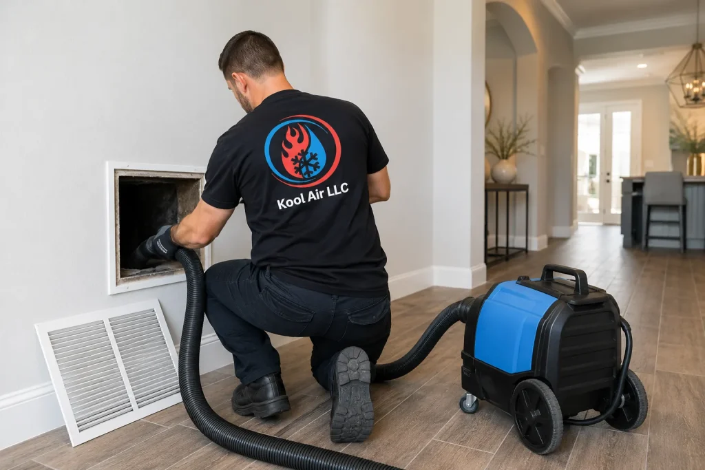 Kool Air technician cleaning air ducts inside a Palm Coast FL home