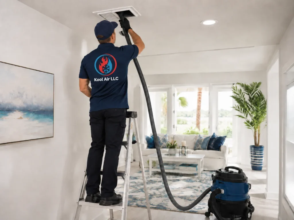 Kool Air technician cleaning a ceiling air vent in a Palm Coast FL home