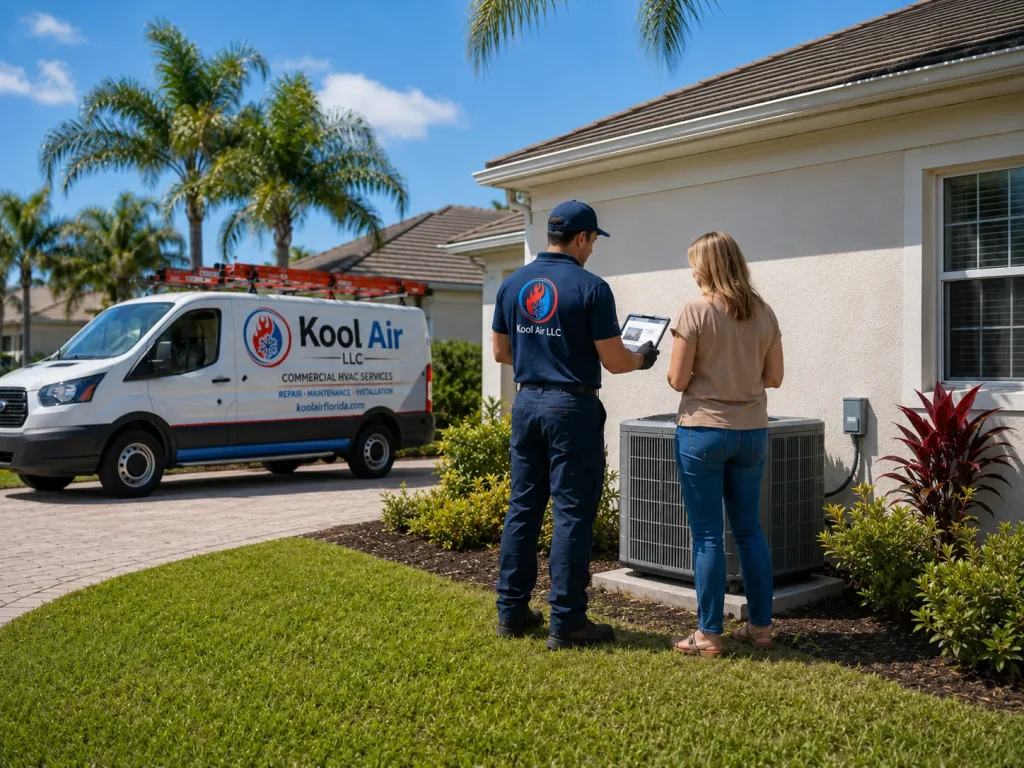 Kool Air LLC technician helping a homeowner choose the right AC system in Palm Coast FL