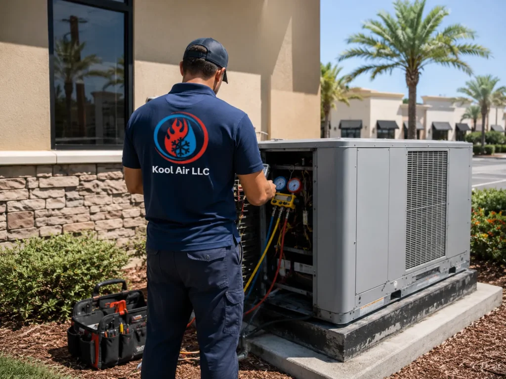 commercial AC repair technician servicing business HVAC system in Palm Coast FL