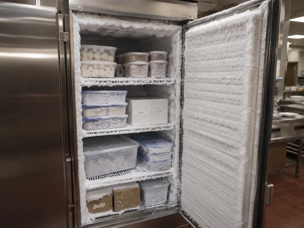 Commercial freezer with heavy frost buildup inside a restaurant kitchen in Palm Coast FL