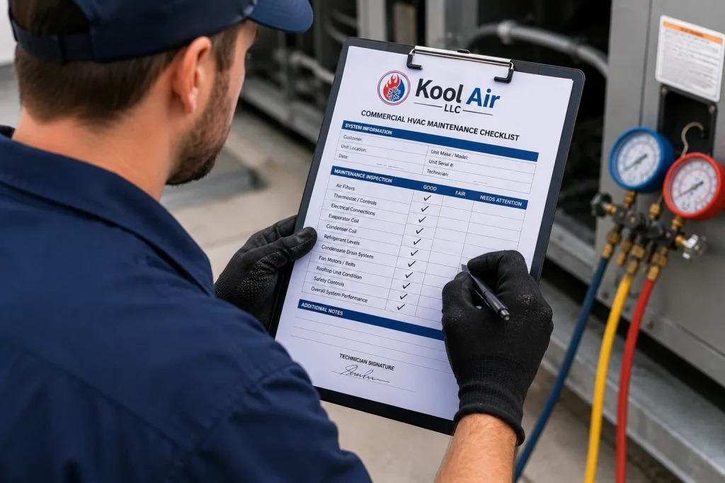 Commercial HVAC technician completing a preventative maintenance checklist during a rooftop HVAC inspection in Palm Coast FL