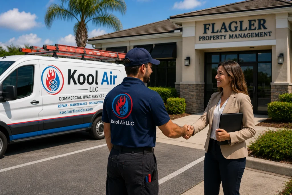 Kool Air commercial HVAC technician meeting with a property manager outside a commercial office building in Palm Coast FL