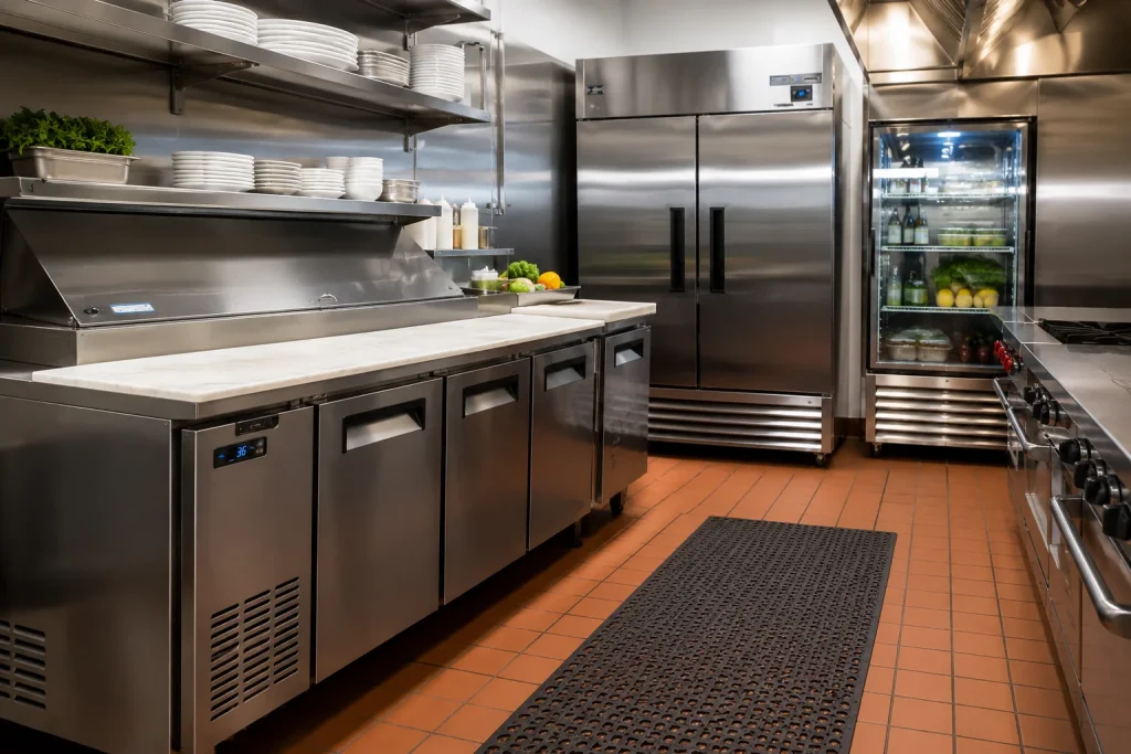 Commercial kitchen refrigeration equipment including reach in coolers, prep tables, and refrigerated storage units