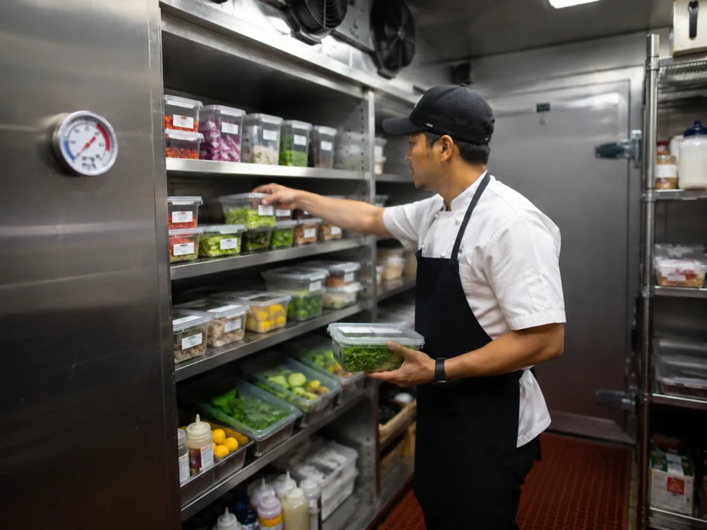 Restaurant worker checking organized food containers inside a commercial cooler in Palm Coast FL