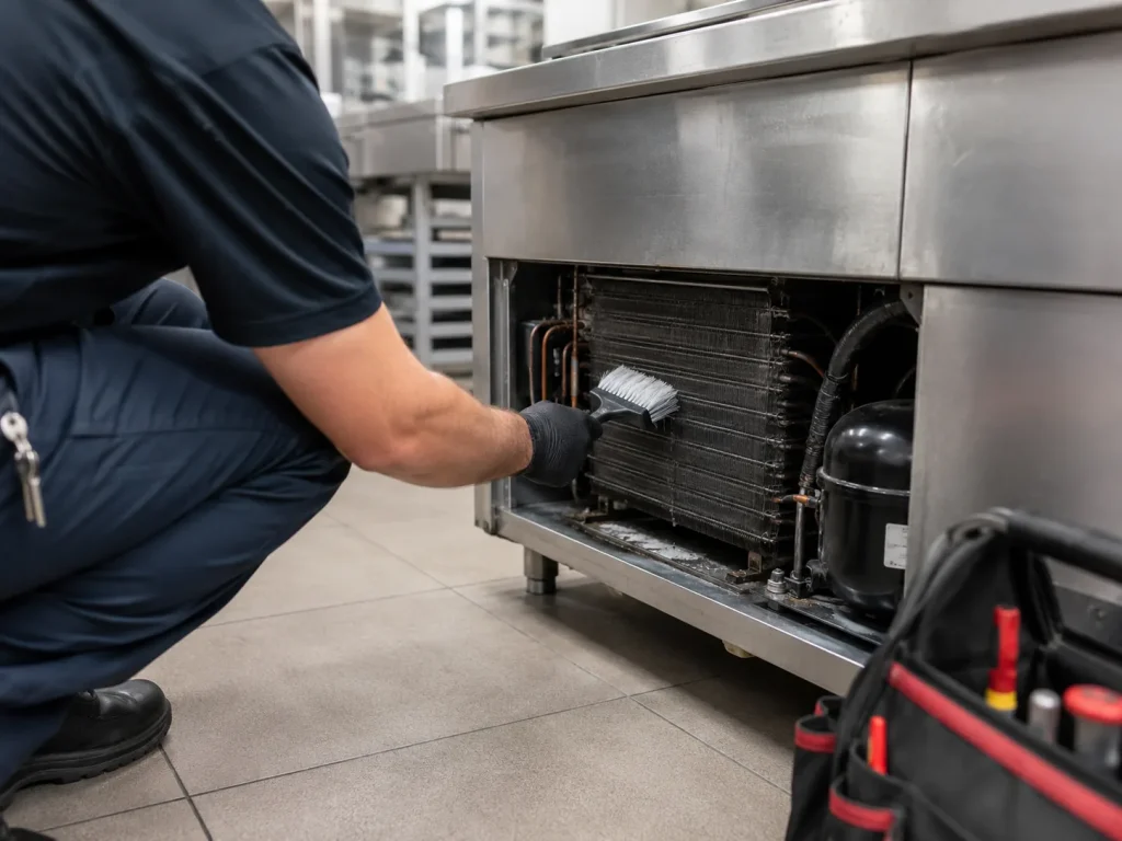 Technician cleaning a commercial refrigeration condenser coil in a restaurant kitchen