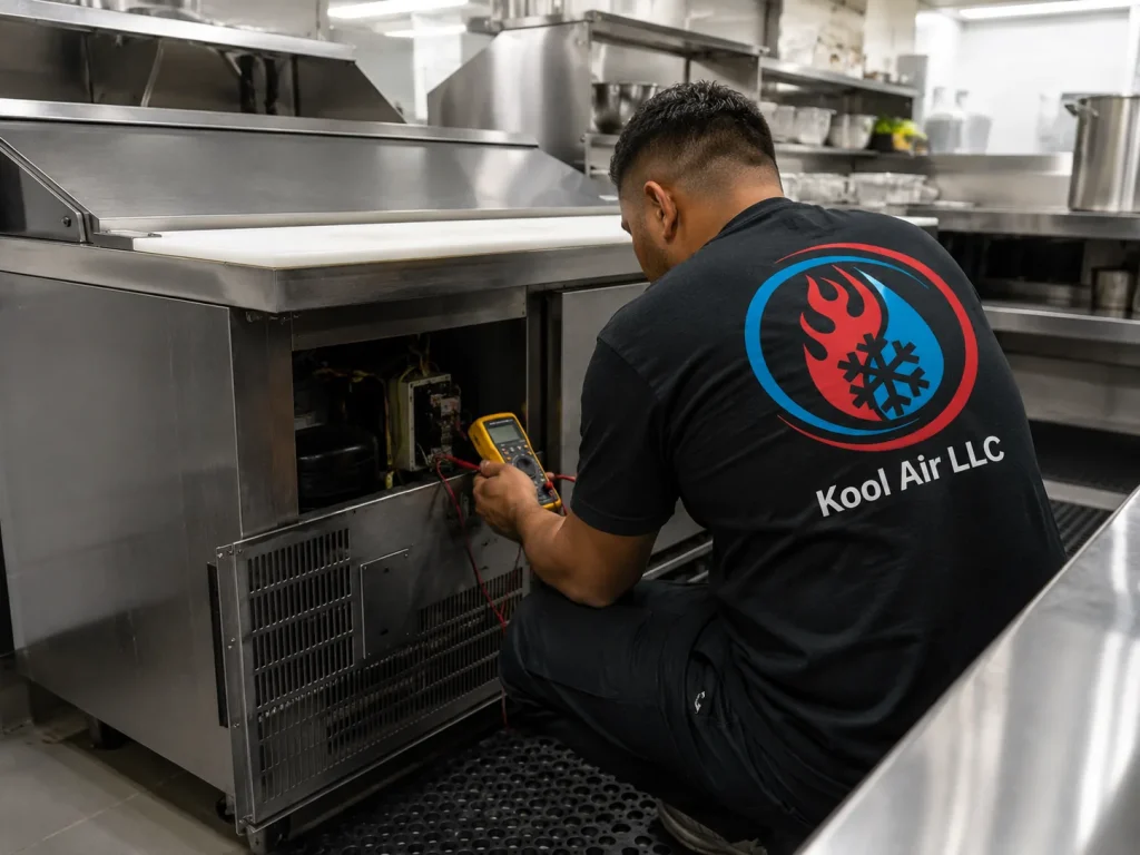 Kool Air technician repairing a commercial prep table in a restaurant kitchen