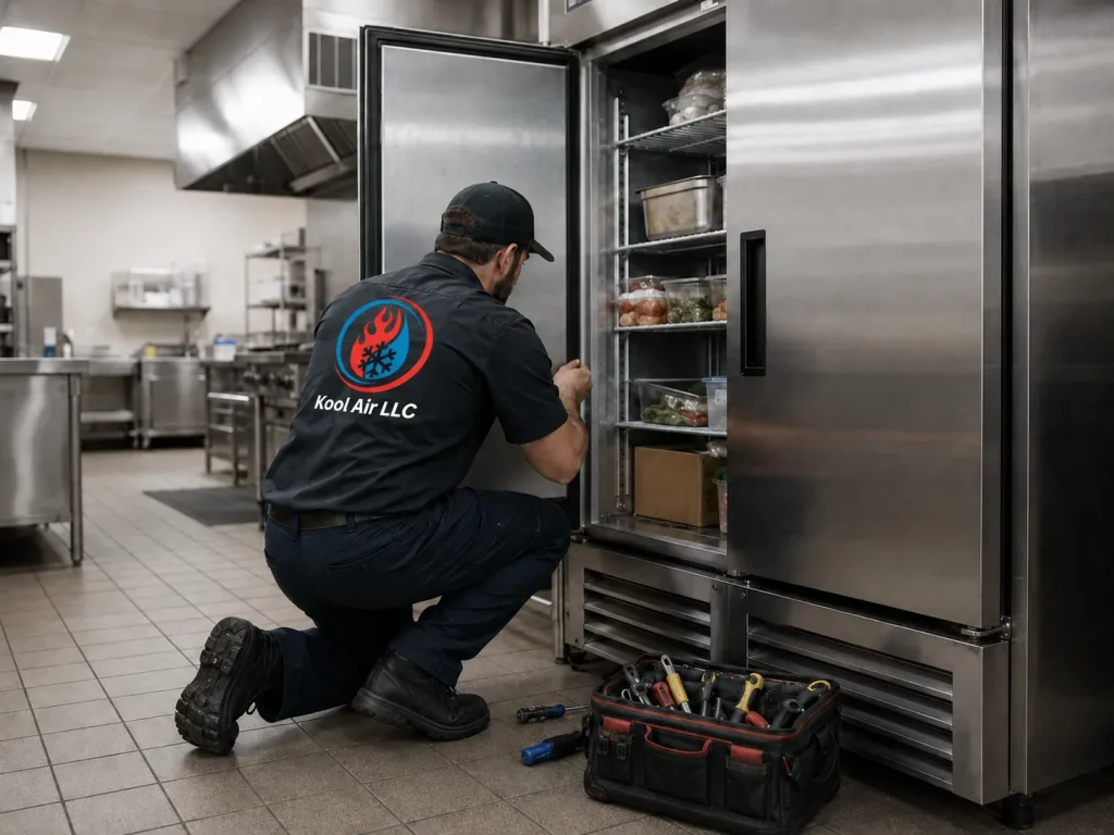 Kool Air technician servicing a commercial reach in cooler in a restaurant kitchen