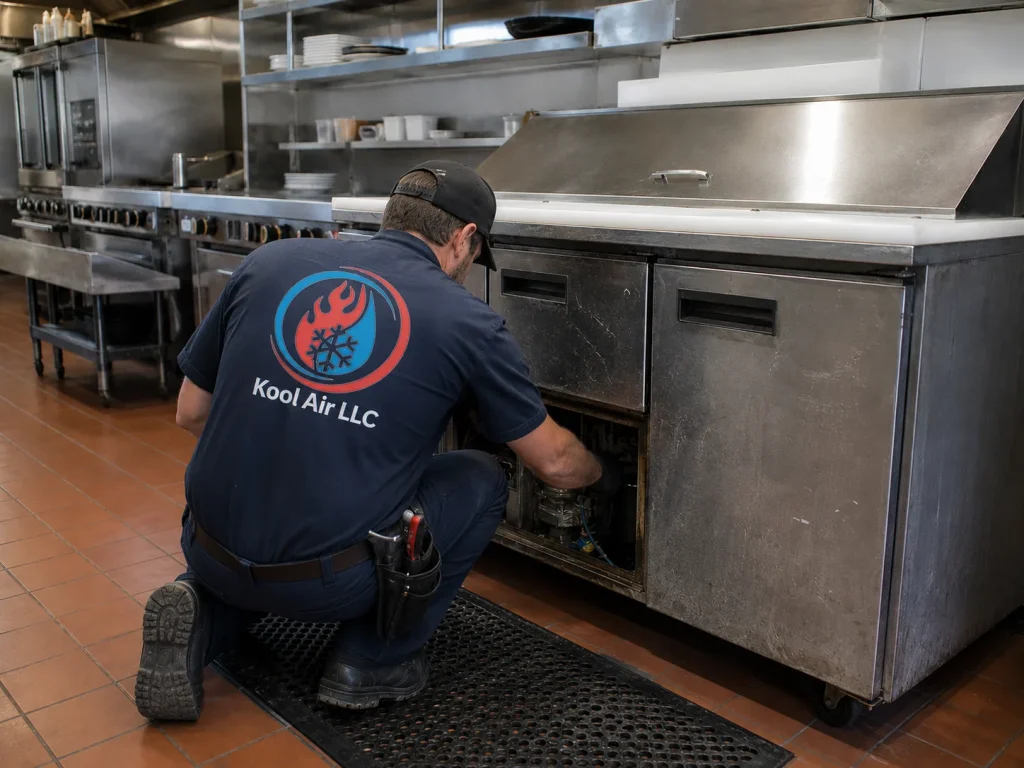 Kool Air technician repairing an older commercial prep table in a restaurant kitchen
