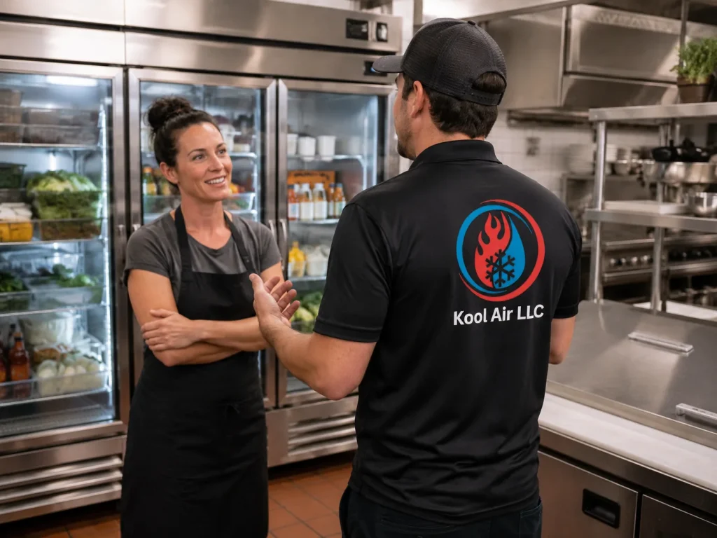Kool Air technician speaking with a restaurant worker about commercial refrigeration service