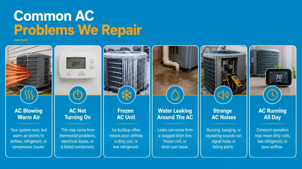 Common AC problems we repair graphic for Kool Air in Palm Coast FL