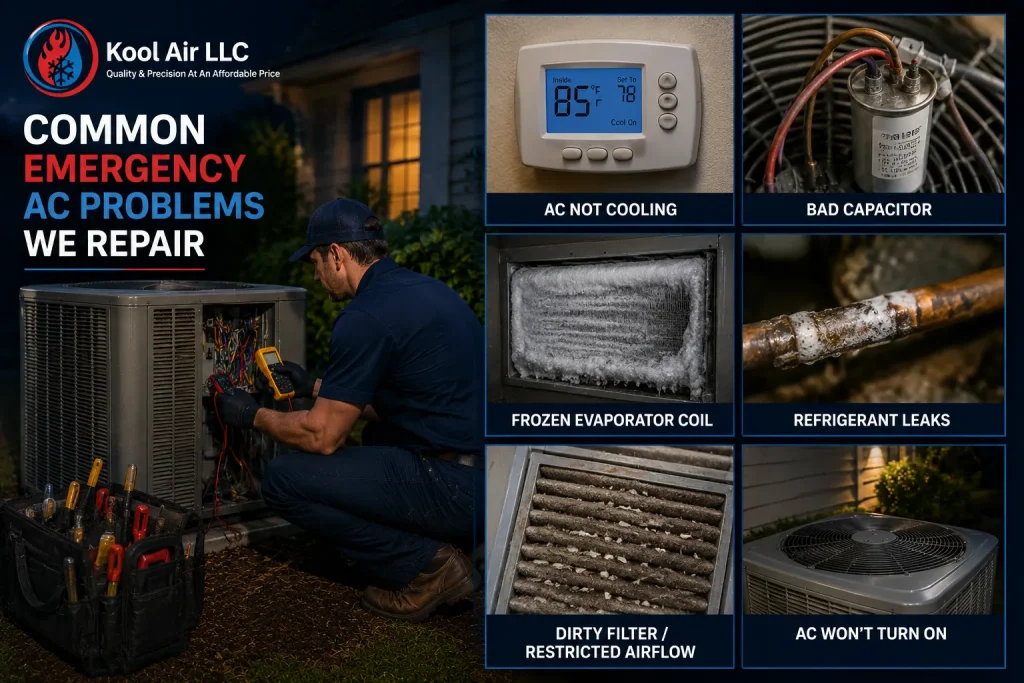 Common emergency air conditioning problems repaired by Kool Air LLC in Palm Coast FL including frozen coils refrigerant leaks and AC systems that will not turn on