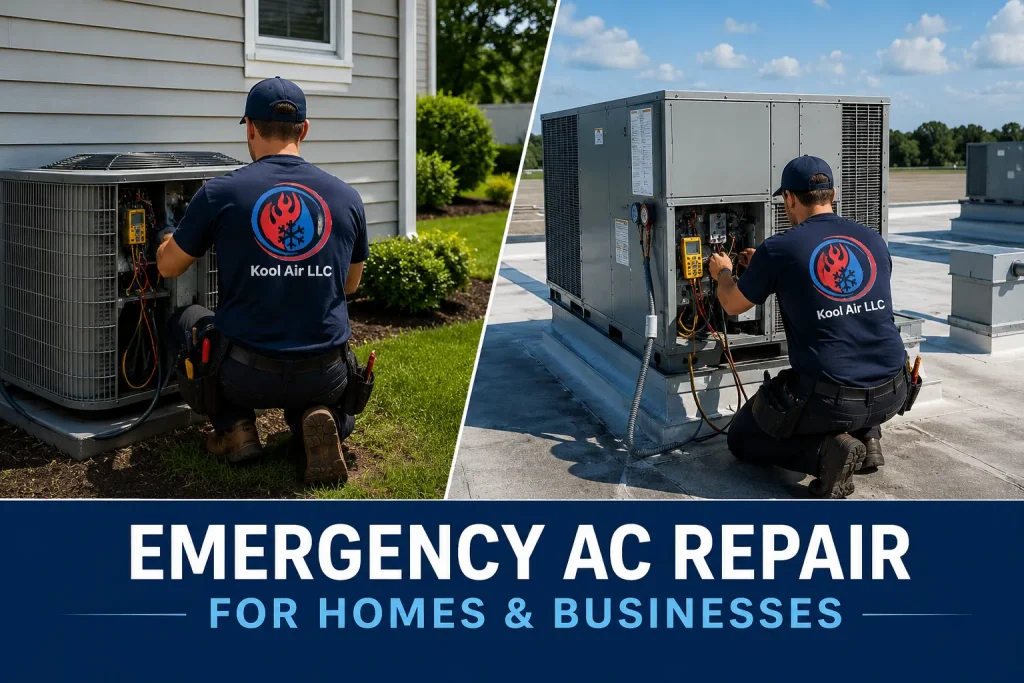Kool Air technicians performing emergency AC repairs for residential and commercial HVAC systems in Palm Coast FL