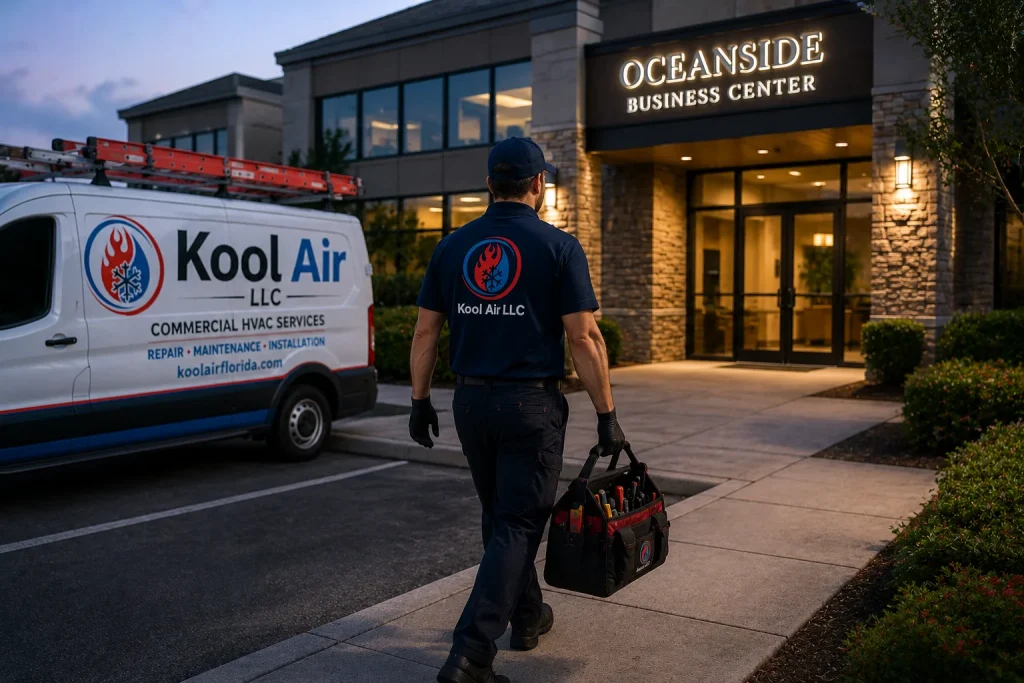Kool Air technician carrying diagnostic tools toward a commercial office building for emergency HVAC service in Palm Coast FL