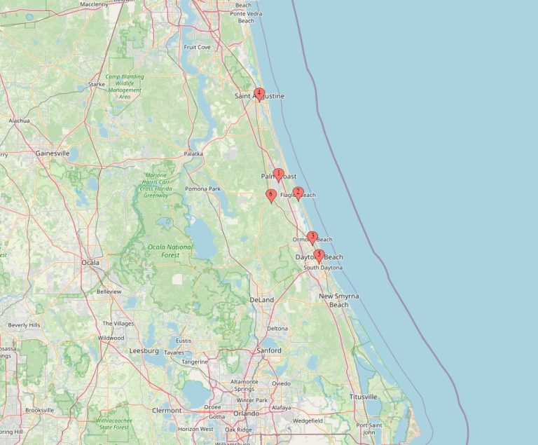 florida map showing HVAC service areas for st. augustine, palm coast, flagler beach, bunnell, ormond beach and daytona beach