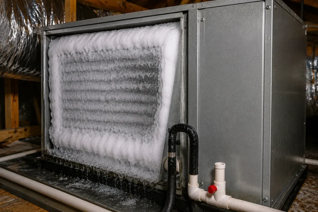 Frozen air handler coil covered in ice causing an emergency air conditioning repair situation in Palm Coast FL