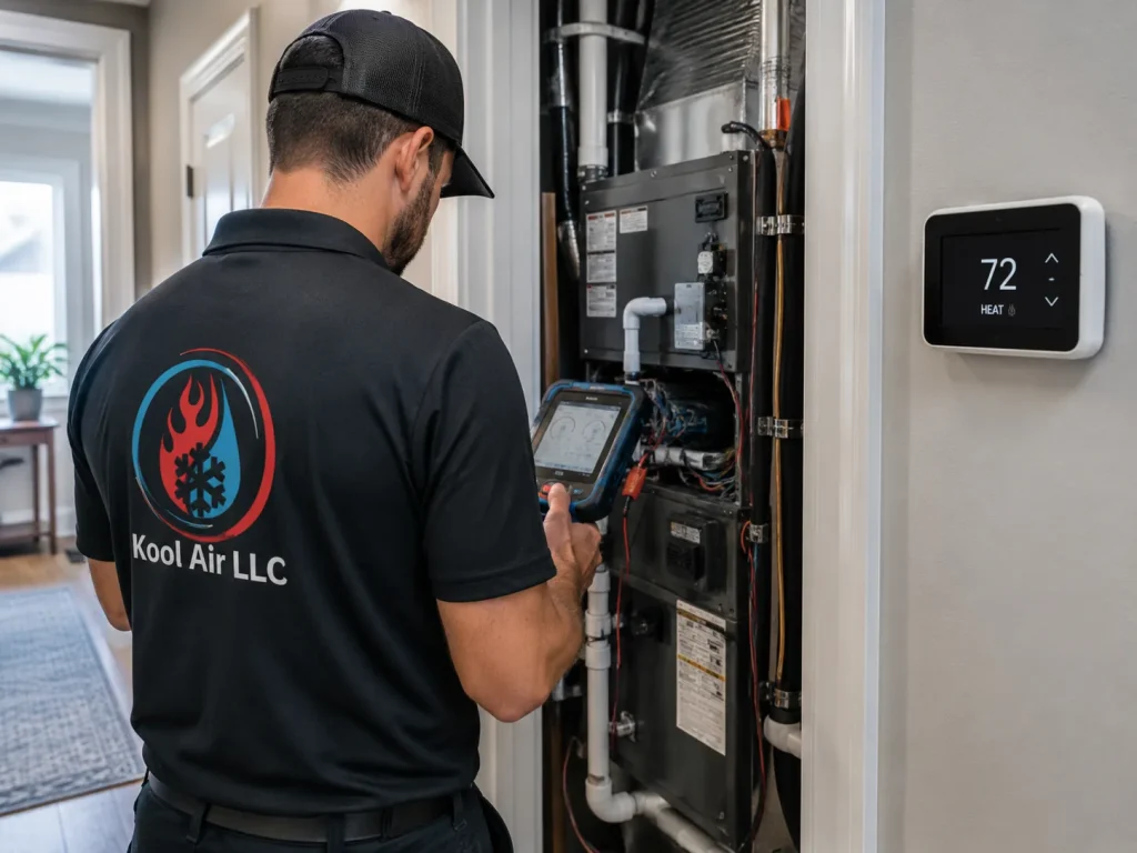 Kool Air LLC technician inspecting an indoor heat pump system in Palm Coast