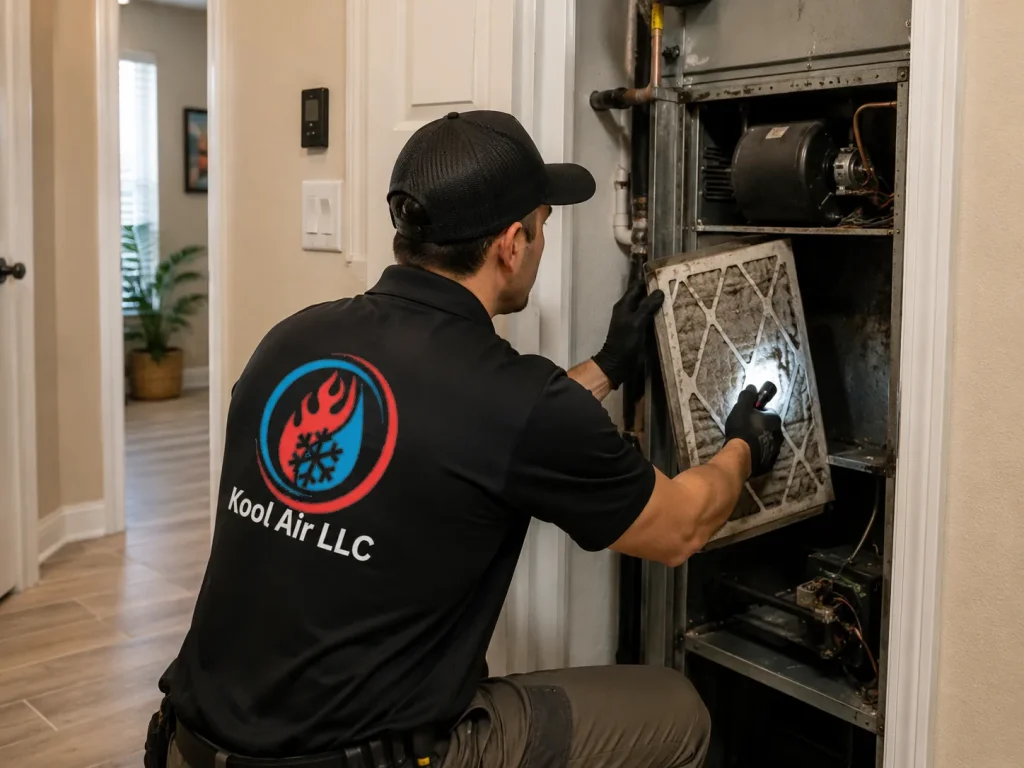 Kool Air LLC technician inspecting a dirty HVAC filter during heating repair in Palm Coast