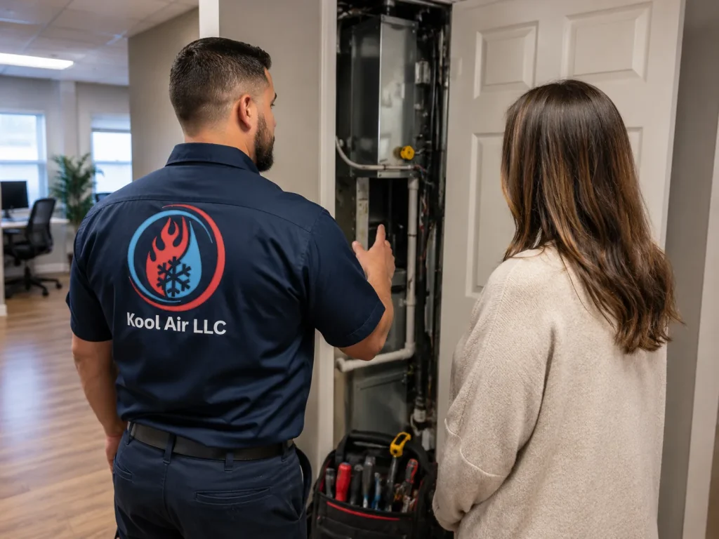 Kool Air LLC technician discussing heating repair service with a homeowner in Palm Coast