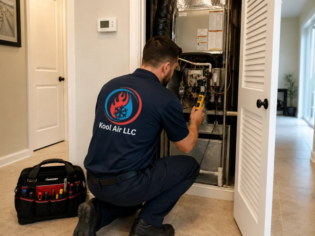 Kool Air LLC technician repairing an indoor heating system in a Palm Coast home