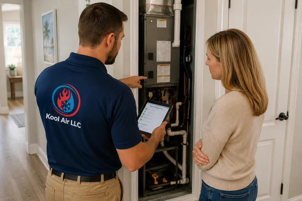 Kool Air LLC technician explaining a heating repair visit to a Palm Coast homeowner