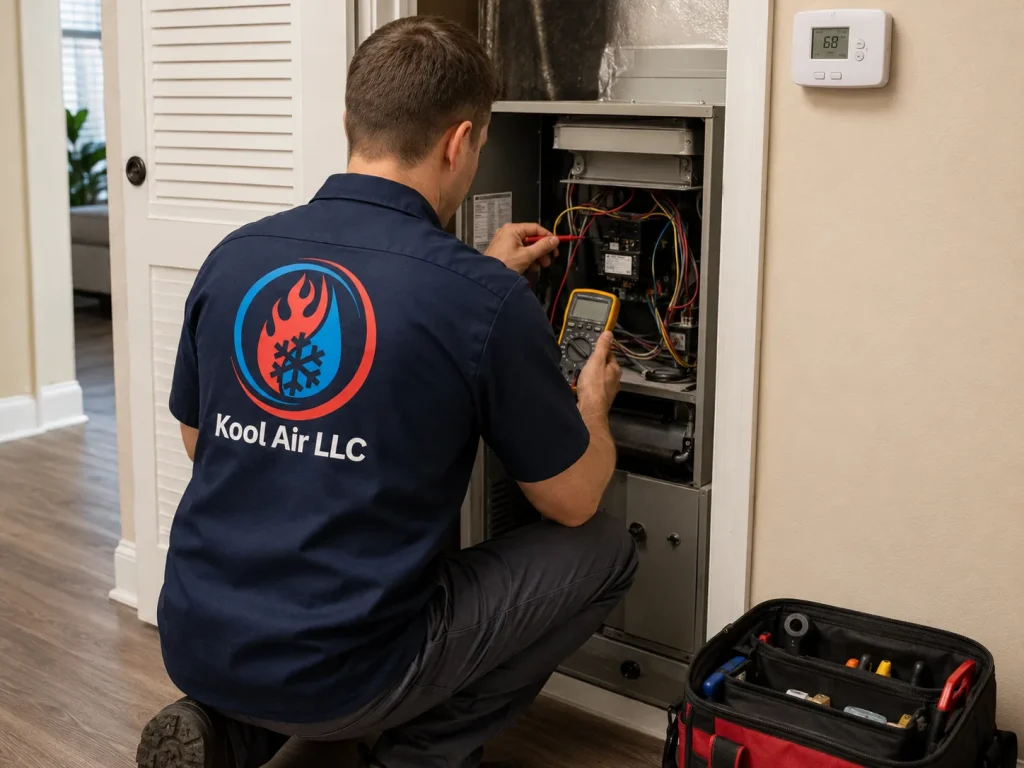Kool Air LLC technician diagnosing an indoor heating system in Palm Coast