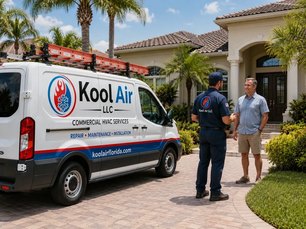 Kool Air technician talking with a homeowner during an AC maintenance visit in Palm Coast FL