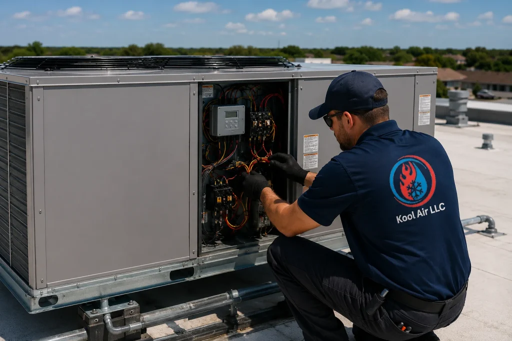 Commercial HVAC technician servicing a rooftop HVAC unit in Palm Coast FL