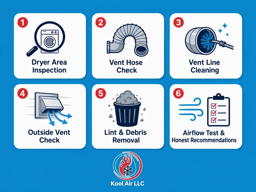 Six step dryer vent cleaning process graphic by Kool Air LLC in Palm Coast, FL