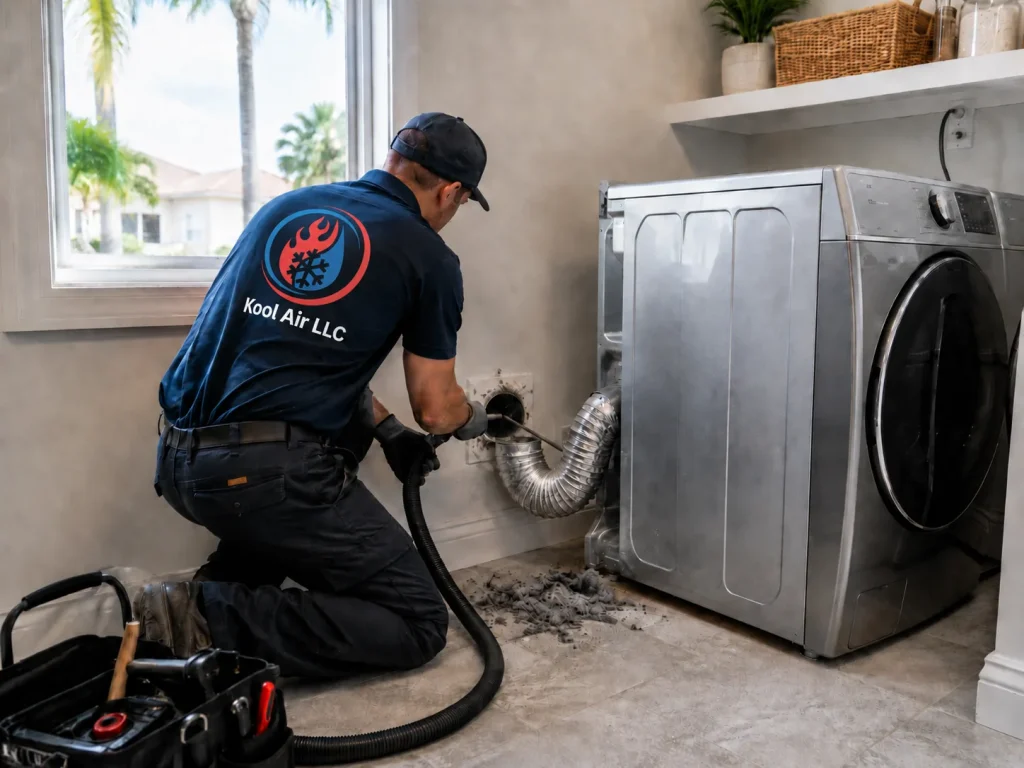Kool Air LLC technician cleaning a dryer vent in a Palm Coast, FL laundry room