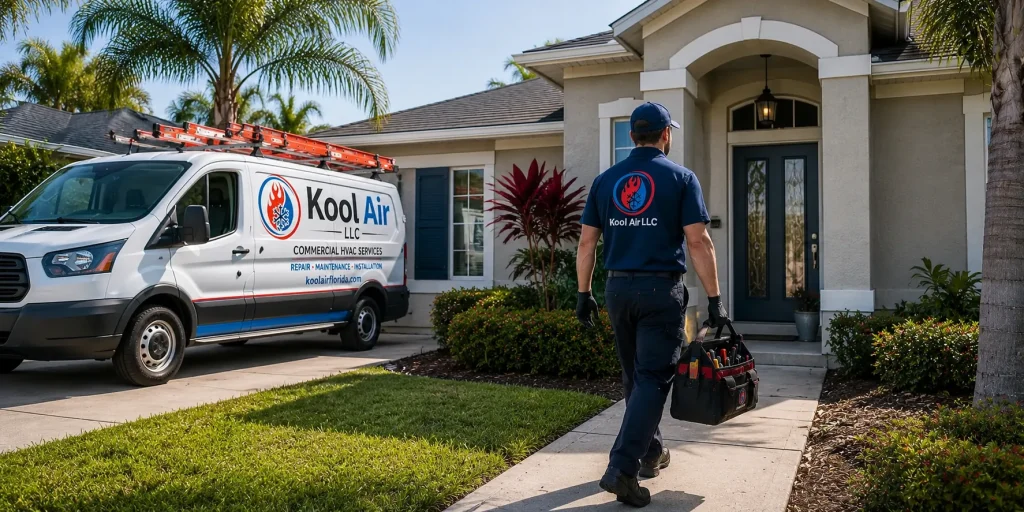 Kool Air LLC technician arriving for dryer vent cleaning service at a Palm Coast, FL home