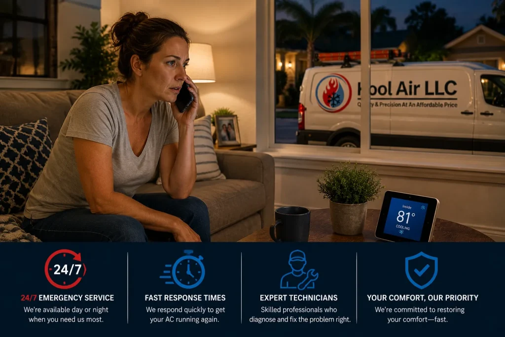 Palm Coast homeowner calling for emergency AC repair service while waiting for a Kool Air LLC technician