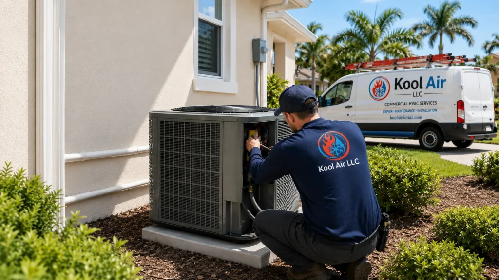 Kool Air LLC technician installing a new AC system outside a Palm Coast FL home
