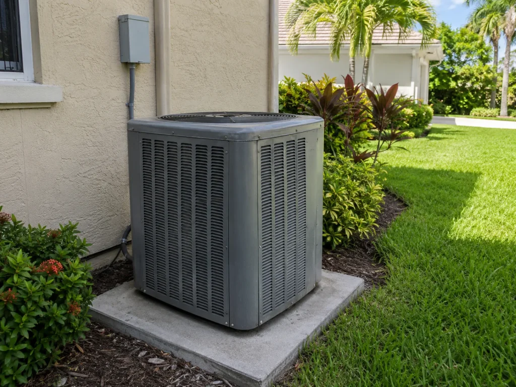 Older outdoor AC unit needing maintenance at a Palm Coast home