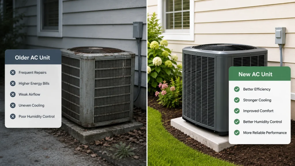 Split image showing an older AC unit vs a new AC unit for repair or replacement comparison in Palm Coast FL