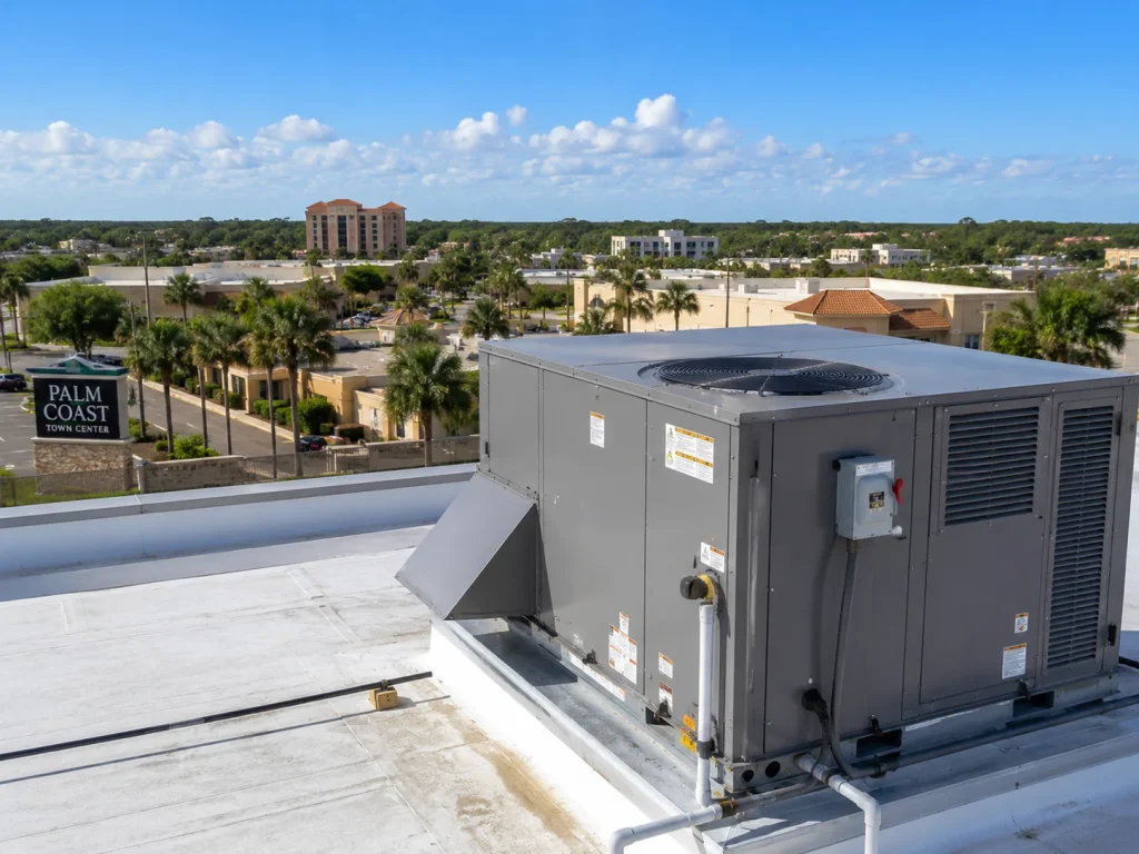 Commercial rooftop HVAC unit overlooking Palm Coast commercial buildings