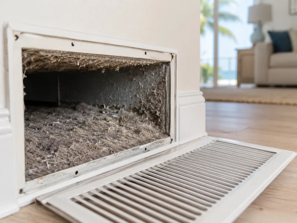 Dust and debris buildup inside an air duct in a Palm Coast FL home