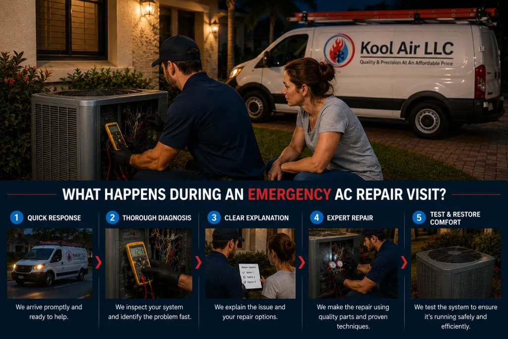 Palm Coast emergency AC repair process showing diagnosis repair options system repair and testing by Kool Air LLC