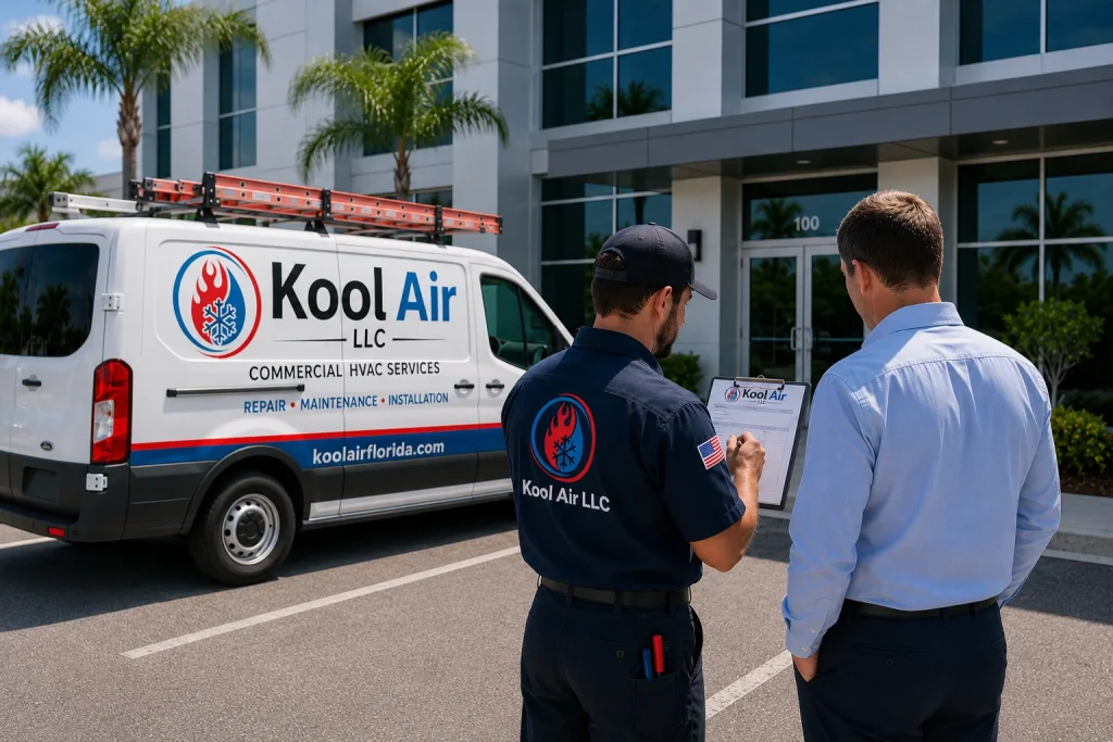 Kool Air technician reviewing a service report with a commercial property manager outside an office building