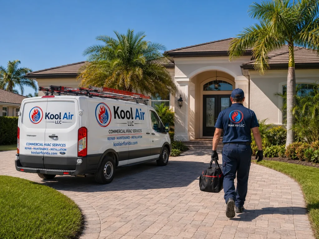 Kool Air LLC technician arriving for AC installation service at a Palm Coast FL home
