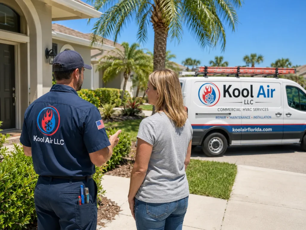 Kool Air technician helping homeowner with AC repair in Palm Coast FL