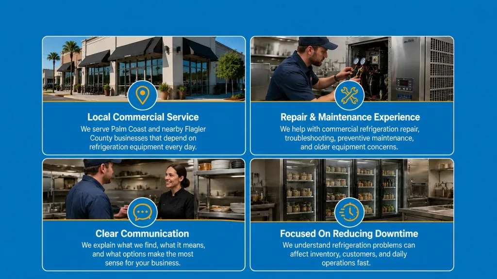 Commercial refrigeration infographic showing why Palm Coast businesses choose Kool Air