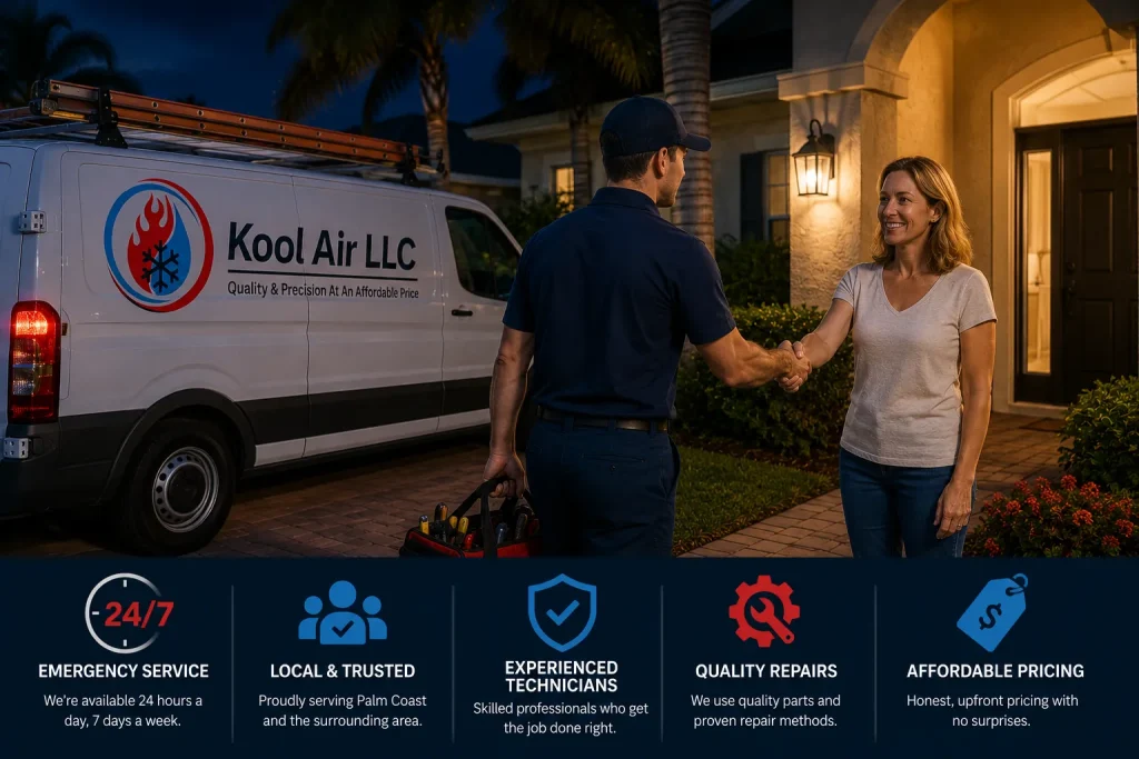 Palm Coast homeowner greeting a Kool Air LLC technician during an emergency air conditioning repair service call